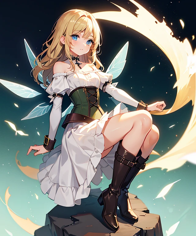 Masterpiece, superlative, 1 girl, fantasy, full body, (1 girl, 5'3", small, 125 pounds, 23-years-old, simple white dress, off the shoulder, wench dress, dark green corset, knee high leather boots, leather arm guards, long light brownish-blonde hair, small fairy wings on her back, blue eyes,