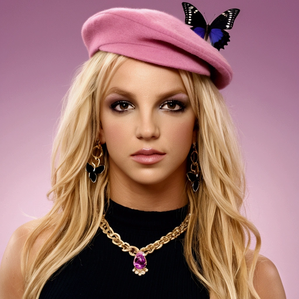 Britney Wearing a pink beret and a black blouse, She has a lot of time, flowing blonde hair. She carries a pink bag with a gold chain strap on her shoulder.. The background features purple and black butterflies, shiny effects, and a soft, magical atmosphere.  best qualityer, realisitic, realisitic, award-winning illustration, (Highly detailed texture of face and skin), (all-body), (Complicated Detail: 1.2), (fine-details), (Complicated Detail), (Cinematic Lights, luz de fundo de best qualityer), Sharp lines, sharp focus, offcial art, unity wallpaper 8k, absurdrez, unbelievably absurd, huge filesize, ultra-, Fantasyart, RTX,((award-winning studio close-up photos)), , (escape), , perfect hands, beautiful detailed eyes, face perfect