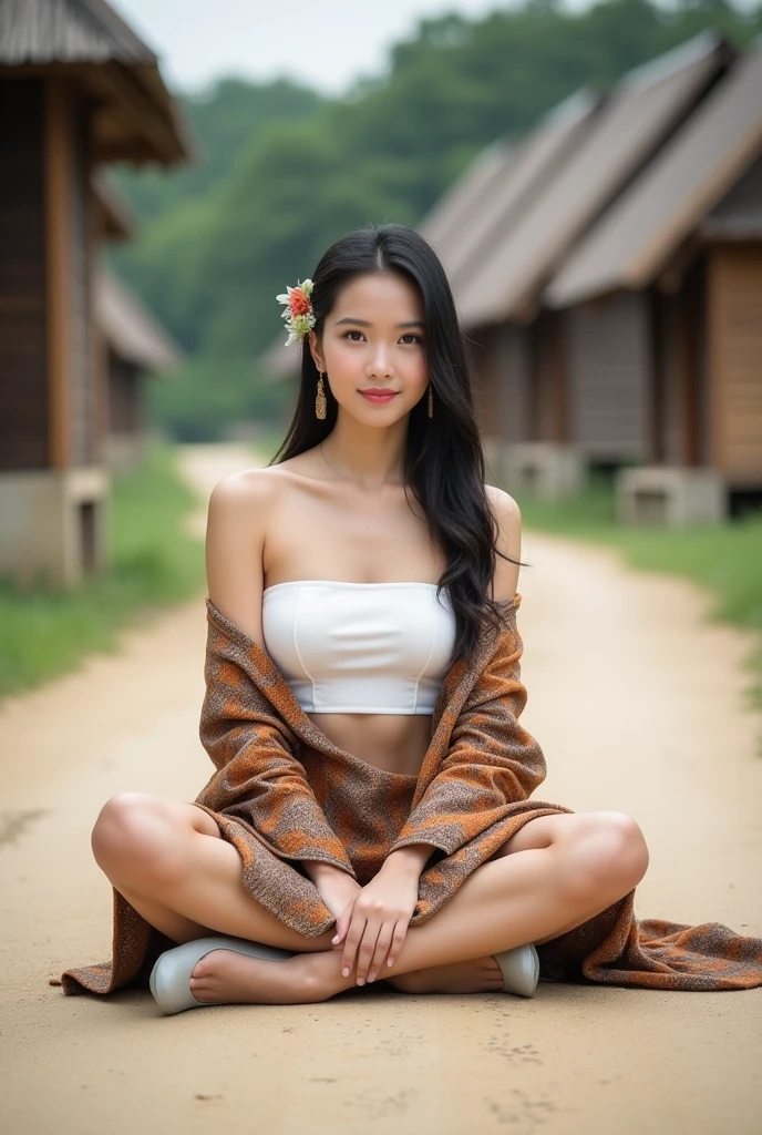 Thai girl, Thai face, teen, proper kneel sitting with smile, Thai ancient, girl wearing Thai ,Ayutthaya, Sukhothai, ancient jewelry, necklace, naked full body, middle tits, nipples, girl sitting , show topless,