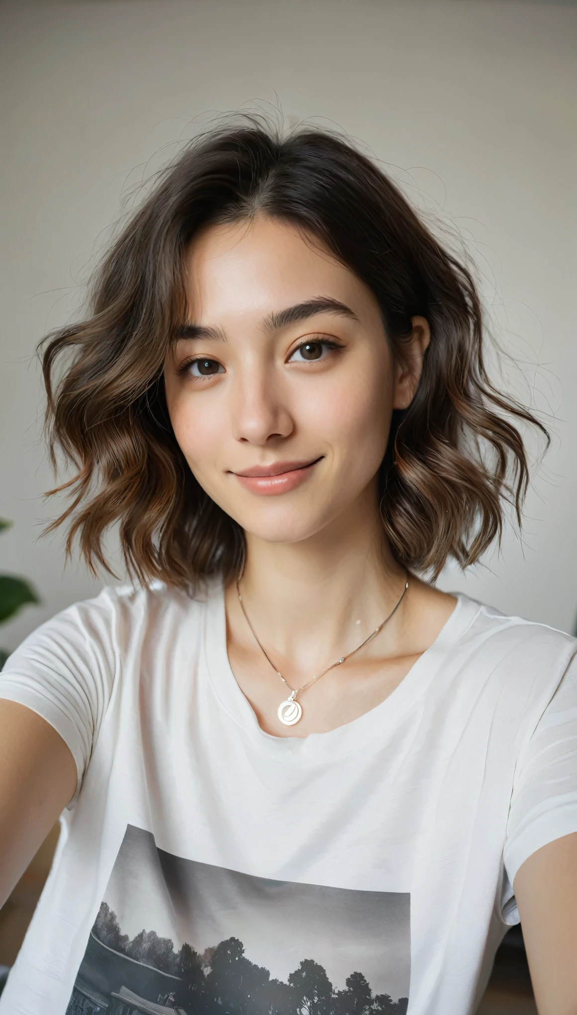 An ultra-realistic smartphone selfie of a young woman in her mid-20s. The photo has the characteristic sharpness and vivid color of a high-end smartphone camera, with slight motion blur on one edge. The image is taken in natural daylight, causing mild overexposure on one side of her face. She has shoulder-length curly hair with grown-out highlights, and wears minimal, everyday makeup with slightly smudged eyeliner. Her expression is a genuine, slightly lopsided smile with a hint of tiredness around her eyes. She's wearing a comfortable, well-worn graphic t-shirt with a faded band logo. A thin silver necklace is partially tangled in her hair near her collar. The background is a lived-in studio apartment, with a unmade bed and a small bookshelf visible. A houseplant with a few yellowing leaves sits on a windowsill behind her. There's a small coffee stain barely visible on the collar of her shirt.