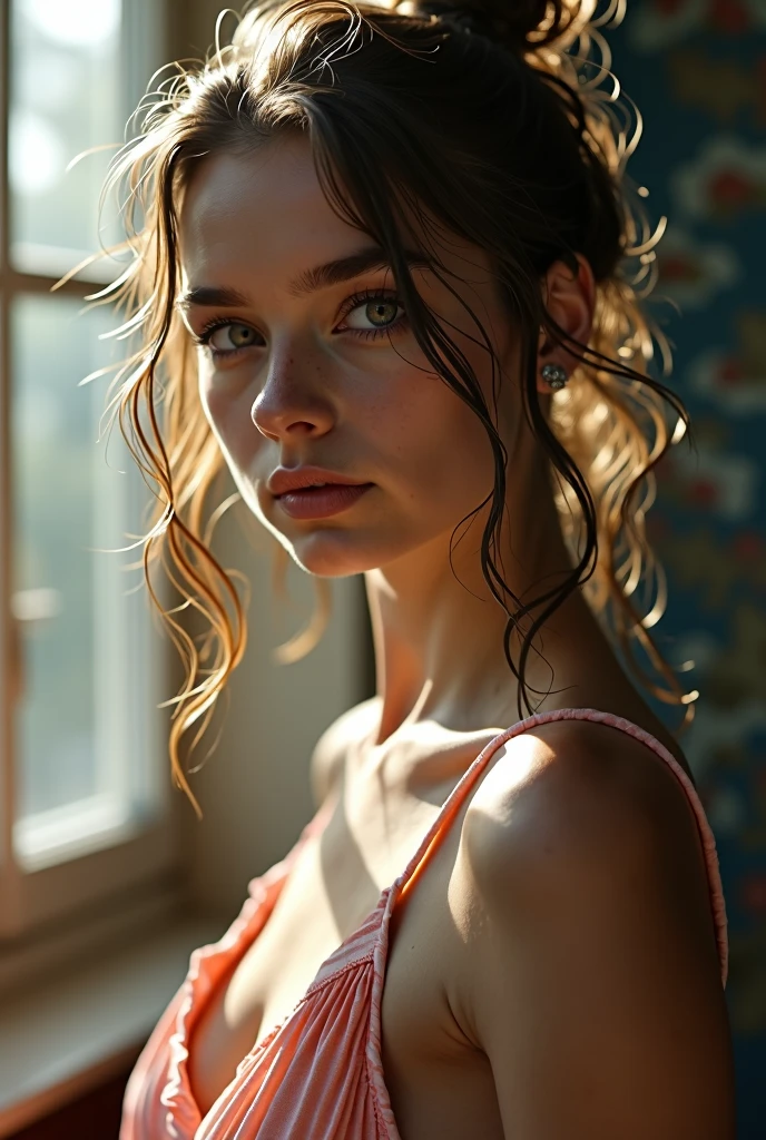 (((ultra realistic))) photo, superior quality, (pale skin), (visage et yeux ultra detaileds:1.3), 1 fille, adulte, avec les jambes et les piedaquillage pour les yeux, mascara), ((ash wavy hair)) , (gros seins naturels), taille fine. ((Posant)), Photo shoot, Studio (soft lighting), profondeur de champ, Bokeh, (attention particulière aux détails de la peau: 1.2), detailed leather texture, pores de la peau. (Gamme de couleurs - délicate, Brillant, blanc, Tons roses), ((grain de film)), ((des rayons)), ((l’éblouissement du soleil)), ((Waist-up portrait, near the camera)) , ultra detailed, sous-vêtement transparents