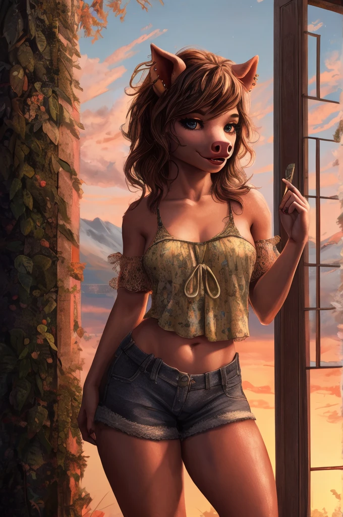 dark skin, curly hair, voluminous hair, cinematic lighting, large chest, small nipples, hanging garden, flowers, sunny, large eyes, laughing, navel, <lora:GoodHands-beta2:0.8>, (epic composition, best quality, 16k, 8k, ultra highres, absurdres, highres, digital drawing, professional artwork:1.2)