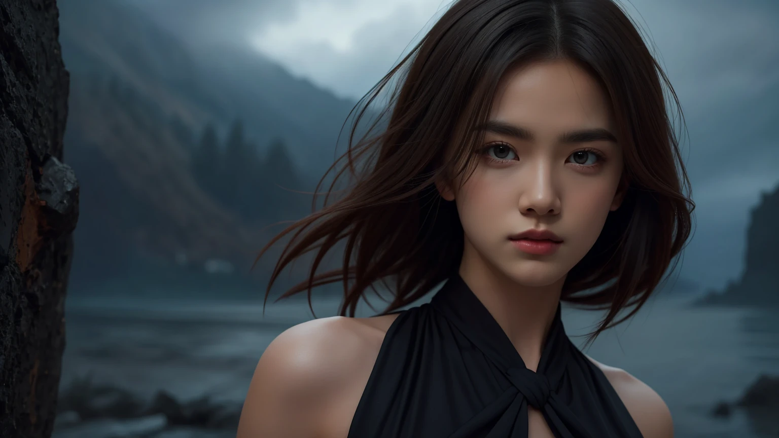 A 16k realistic portrait masterpiece, realistic soft detailed lines, highest resolution, every detail, meticulousness, depth of field, bright colors, beautiful composition: a girl Teenage girl with dark hair and highly detailed innocent eyes, standing against a dark and ominous landscape. sexy silk dress.