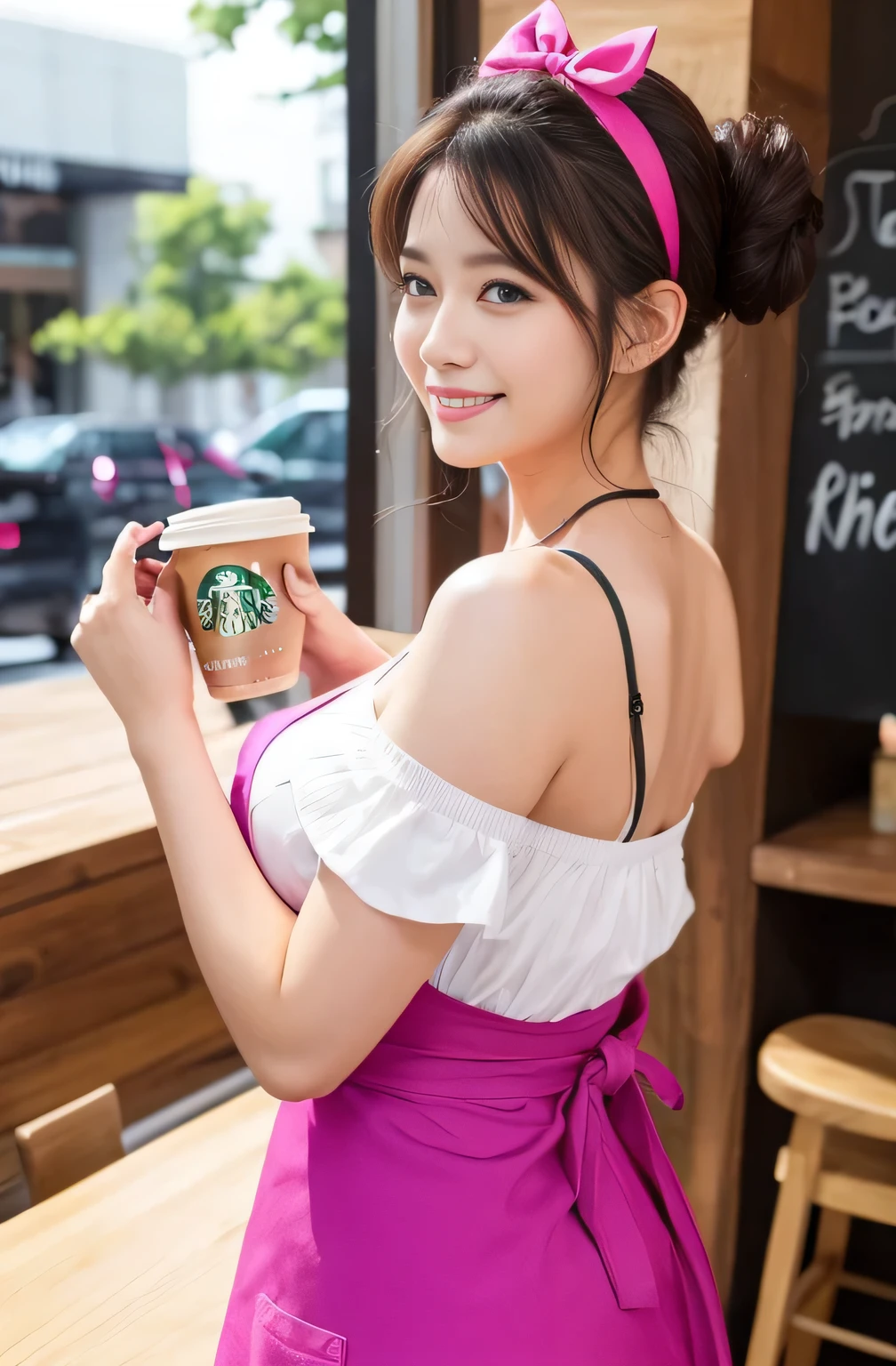 (((Full body photo)))、(((((Starbucksの屋外のカフェ)))))、(((((Starbucks)))))16 year old school girl in uniform、Eat cake、((((Drink coffee))))、(smile)((Emphasize cleavage))
(((Floral panties and bra are visible)))))))