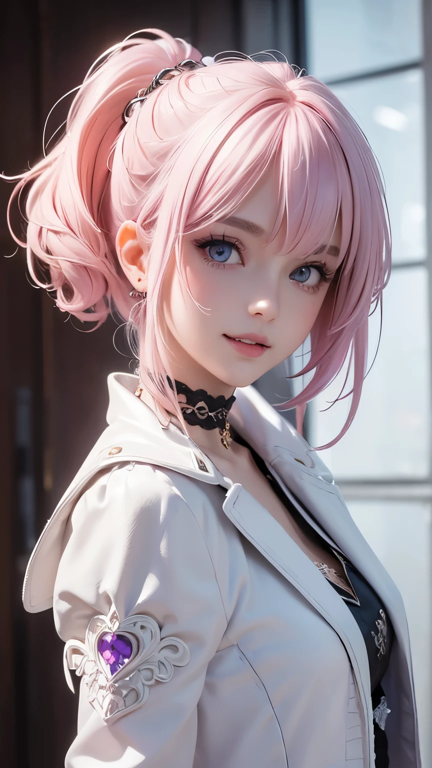 (masterpiece, Highest quality), Intricate details, thin, ((slim)), beautiful girl, Light pink hair, White skin, Light purple eyes, Sharp jawline, Cropped jacket, Messy Hair, lips, Upper Body, close, Grin, Gothic Lolita fashion, Choker, 