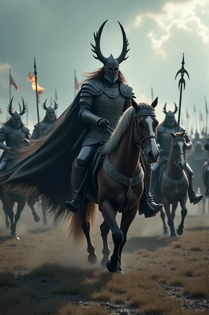 arafed image of a group of men in armor riding horses, cate blanchett as galadriel, yanjun chengt, still frame from a movie, undead soldiers in background, animation film, menacing orc, inspired by Huang Guangjian, colorgrading, promotional images, pale pointed ears, the king of death
