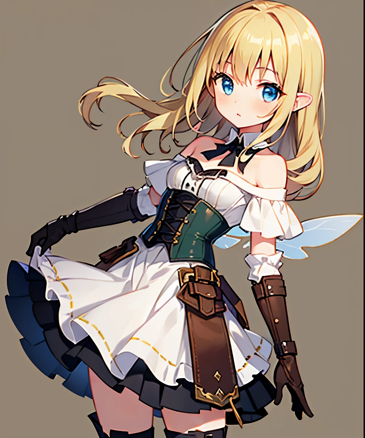 Masterpiece, superlative, 1 girl, fantasy, full body, (1 girl, 5'3", small, 125 pounds, 23-years-old, simple white dress, off the shoulder, wench dress, dark green corset, knee high leather boots, leather arm guards, long light brownish-blonde hair, small fairy wings on her back, blue eyes,