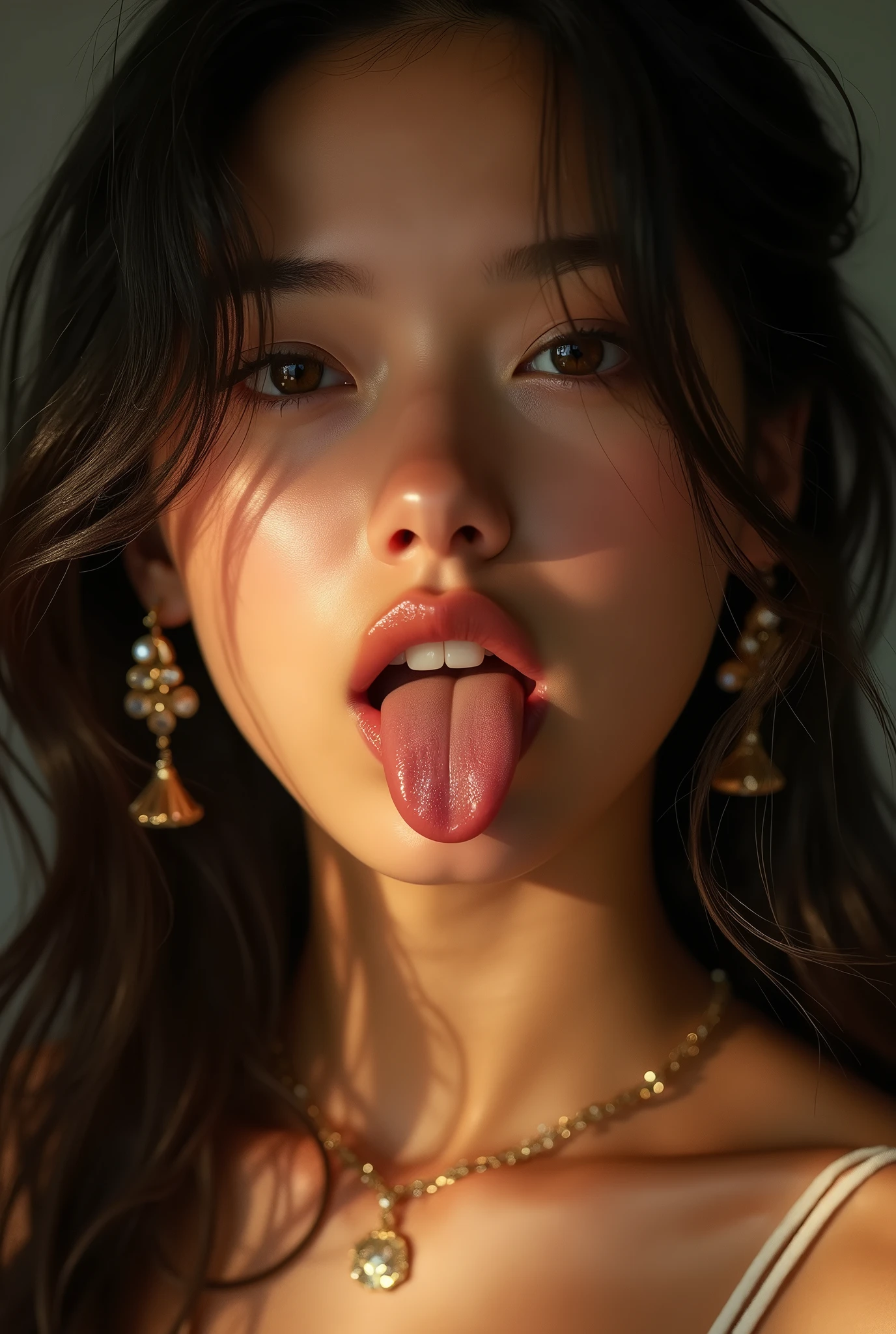 table top,,Awards - Awards Photos, very detailed, focus the eyes clearly, nose and mouth,face focus, woman with open mouth and closed eyes, black camisole、35 years old,black haired、symmetrical face,realistic nostrils、angle from below、elongated C-shaped nostrils,,,,,,,,,,,,,,,,,,,,,,,,,,,,,,,,,,,,NSFW,white background、sweaty skin、Lighting that emphasizes the skin that shines with sweat、((Hook Nose))Skin shiny with sweat、shiny skin、((wet and shiny tongue))、