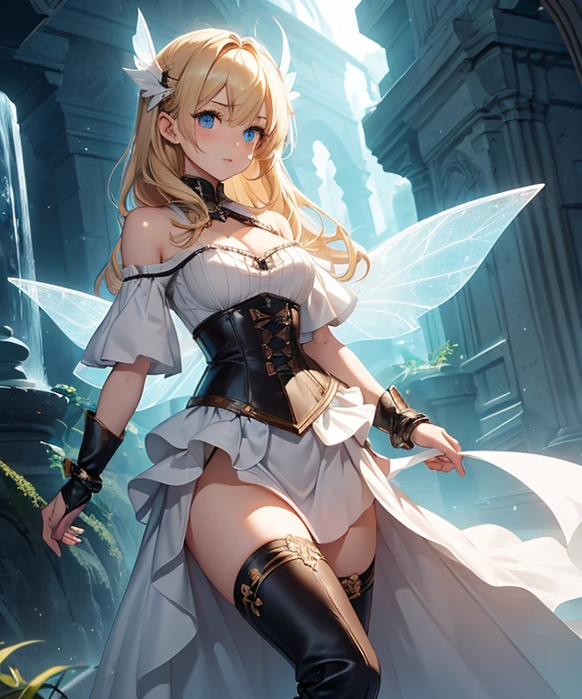 Masterpiece, superlative, 1 girl, fantasy, full body, (1 girl, 5'3", small, 125 pounds, 23-years-old, simple white dress, off the shoulder, wench dress, dark green corset, knee high leather boots, leather arm guards, long light brownish-blonde hair, small fairy wings on her back, blue eyes,