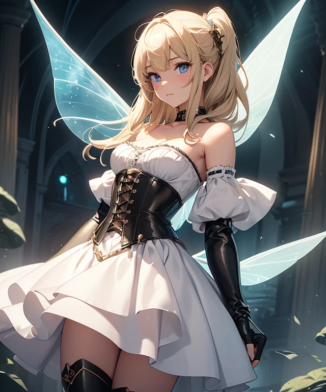 Masterpiece, superlative, 1 girl, fantasy, full body, (1 girl, 5'3", small, 125 pounds, 23-years-old, simple white dress, off the shoulder, wench dress, dark green corset, knee high leather boots, leather arm guards, long light brownish-blonde hair, small fairy wings on her back, blue eyes,