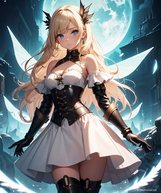 Masterpiece, superlative, 1 girl, fantasy, full body, (1 girl, 5'3", small, 125 pounds, 23-years-old, simple white dress, off the shoulder, wench dress, dark green corset, knee high leather boots, leather arm guards, long light brownish-blonde hair, small fairy wings on her back, blue eyes,