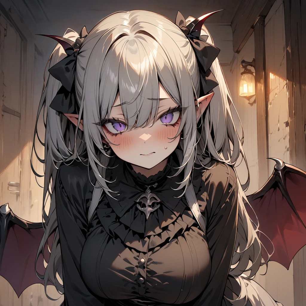 (1 demon girl), front lighting, (detailed face), masterpieces, 8k, ultra HD, succubus outfit, walking in forest on daytime, gray hair, curly hair, (blushing: 1.5), toothy smile, heart eyes, front lighting