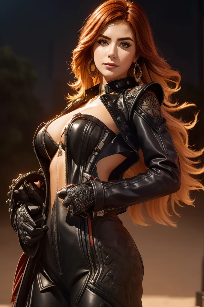 Realistic  redhead girl, medium-big bust, in selfie mode for Instagram, She is wearing a black leather motorcycle jacket and leather trousers, Snapchat influencer Full photo standing and happy in the nature, muscular female, Mexico city, Mavuika from Genshin Impact, full-leight photo, (ultra-high detail:1.2), Masterpiece, Best Quality, Ultra-detailed, Cinematic lighting, 8K, delicate features, cinematic, 35 mm lens, f/1.9, highlight lighting, global lighting –uplight –v 4, cinematic, intense gaze, Cinematic lighting, 8K, high quality, Highest Quality, (Solo Focus), (extremly intricate:1.3), (Realistic), dramatic, masterful, Analog style, (Film grain:1.5), (warm hue, cold tone)