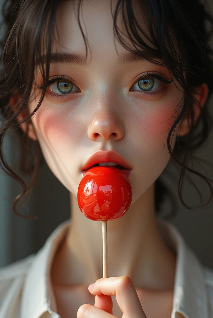 Woman lips looking to the side sexy painted eating candy lollipop sexy realistic painting fantasy style