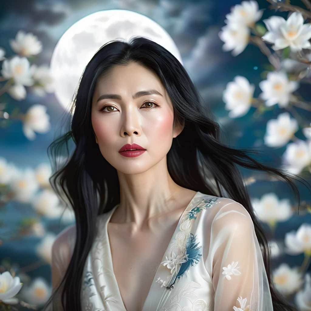 a beautiful middle-aged asian woman, long black hair, detailed face, detailed eyes, detailed lips, serene expression, moon in the background, ethereal, fantasy, oil painting, dramatic lighting, dramatic mood, vivid colors, cinematic, award-winning, masterpiece, best quality, 8k, highres