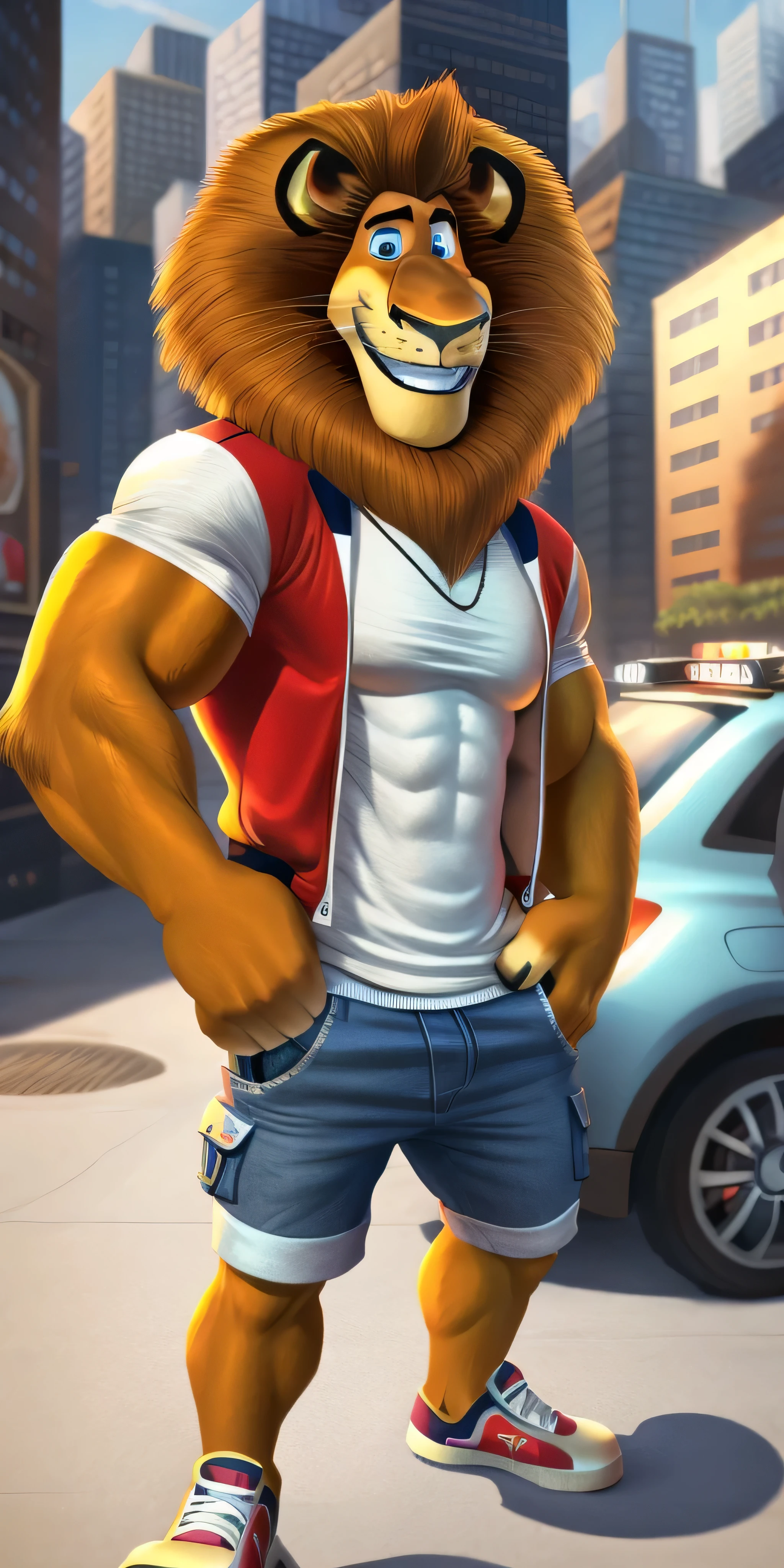 Alex the Lion, muscular body, big biceps, extremely beautiful and cute face, perfectly detailed blue eyes with perfectly detailed pupils, wears white t-shirt, cyan varsity jacket, denim cargo shorts, sneakers, hands in pockets, city streets background, selfie, standing around luxury car, friendly look, cute smiling