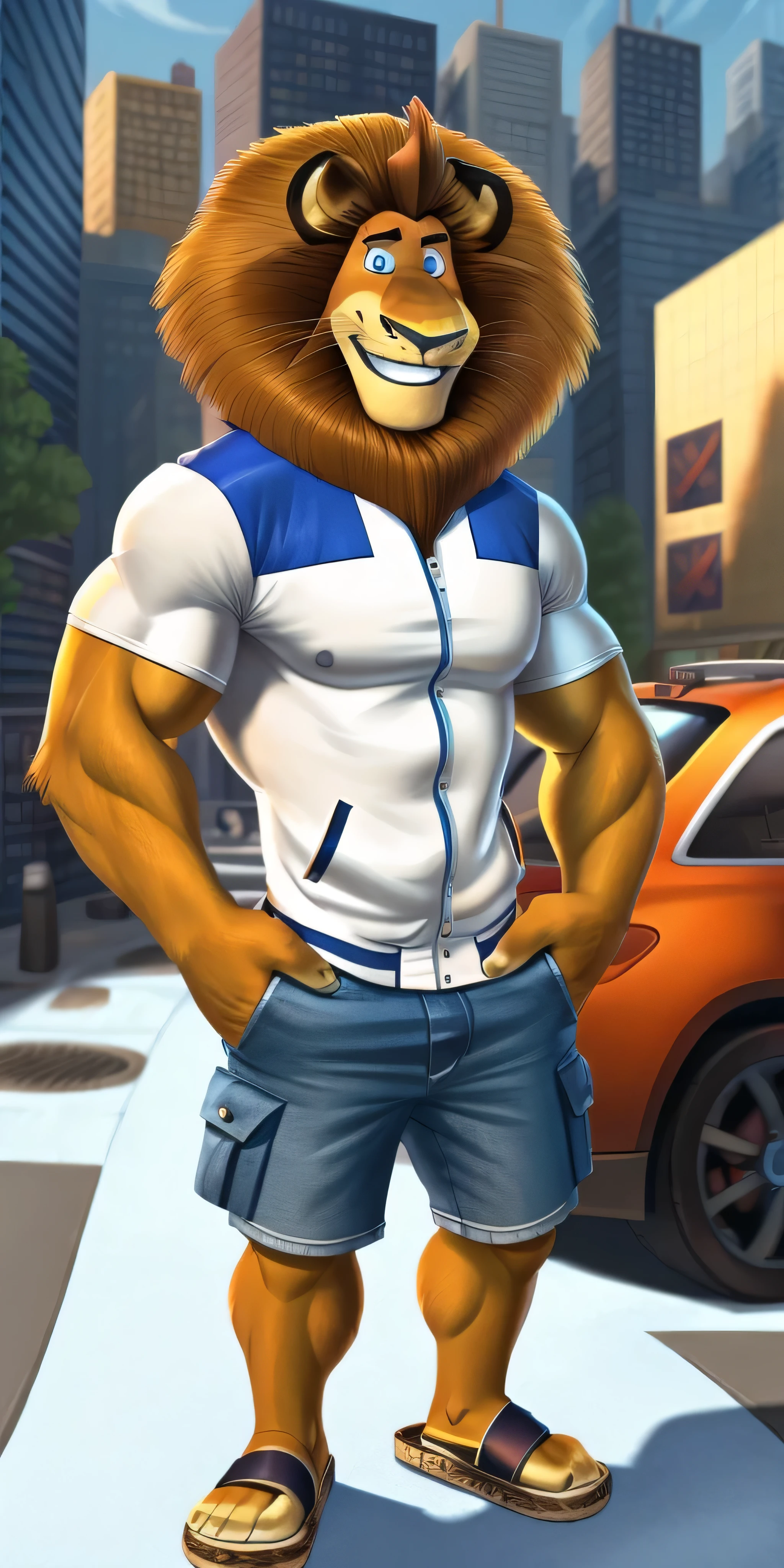 Alex the Lion, muscular body, big biceps, extremely beautiful and cute face, perfectly detailed blue eyes with perfectly detailed pupils, wears white t-shirt, cyan varsity jacket, denim cargo shorts, flip flops sandals, hands in pockets, city streets background, selfie, gentle look, cute smiling, standing around a luxury car 