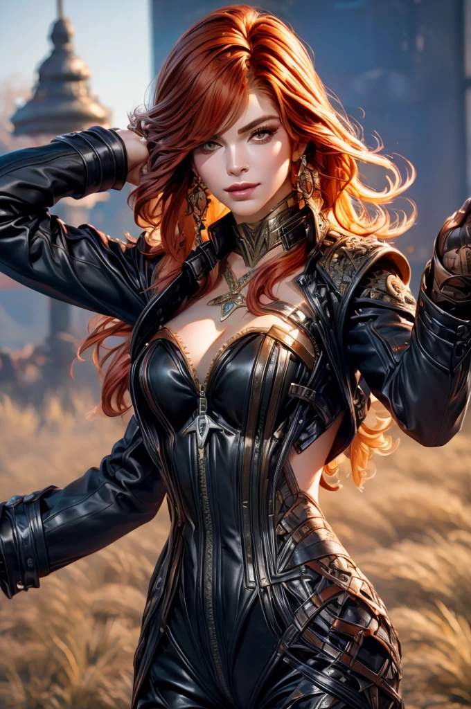 Realistic  redhead girl, medium-big bust, in selfie mode for Instagram, She is wearing a black leather motorcycle jacket and leather trousers, Snapchat influencer Full photo standing and happy in the nature, muscular female, Mexico city, Mavuika from Genshin Impact, full-leight photo, (ultra-high detail:1.2), Masterpiece, Best Quality, Ultra-detailed, Cinematic lighting, 8K, delicate features, cinematic, 35 mm lens, f/1.9, highlight lighting, global lighting –uplight –v 4, cinematic, intense gaze, Cinematic lighting, 8K, high quality, Highest Quality, (Solo Focus), (extremly intricate:1.3), (Realistic), dramatic, masterful, Analog style, (Film grain:1.5), (warm hue, cold tone)