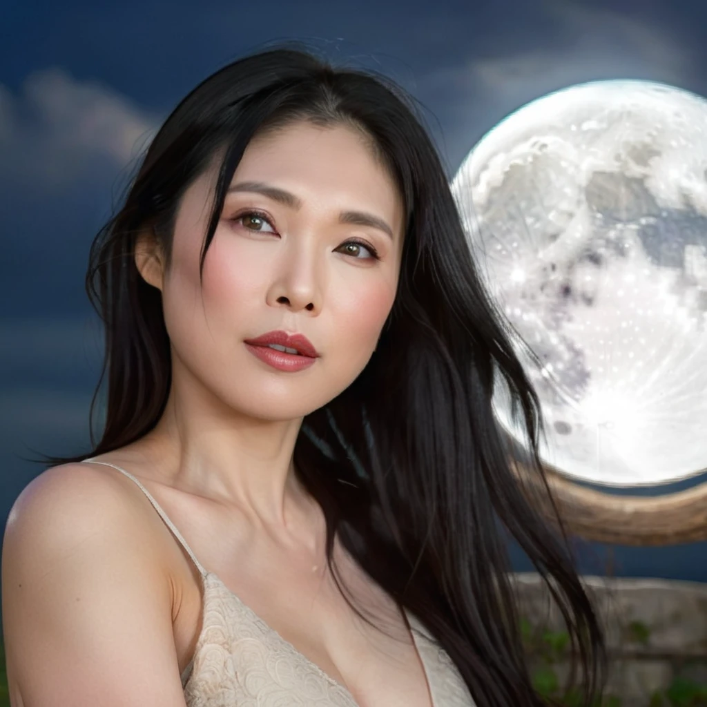 a beautiful middle-aged asian woman, long black hair, detailed face, detailed eyes, detailed lips, serene expression, moon in the background, ethereal, fantasy, oil painting, dramatic lighting, dramatic mood, vivid colors, cinematic, award-winning, masterpiece, best quality, 8k, highres