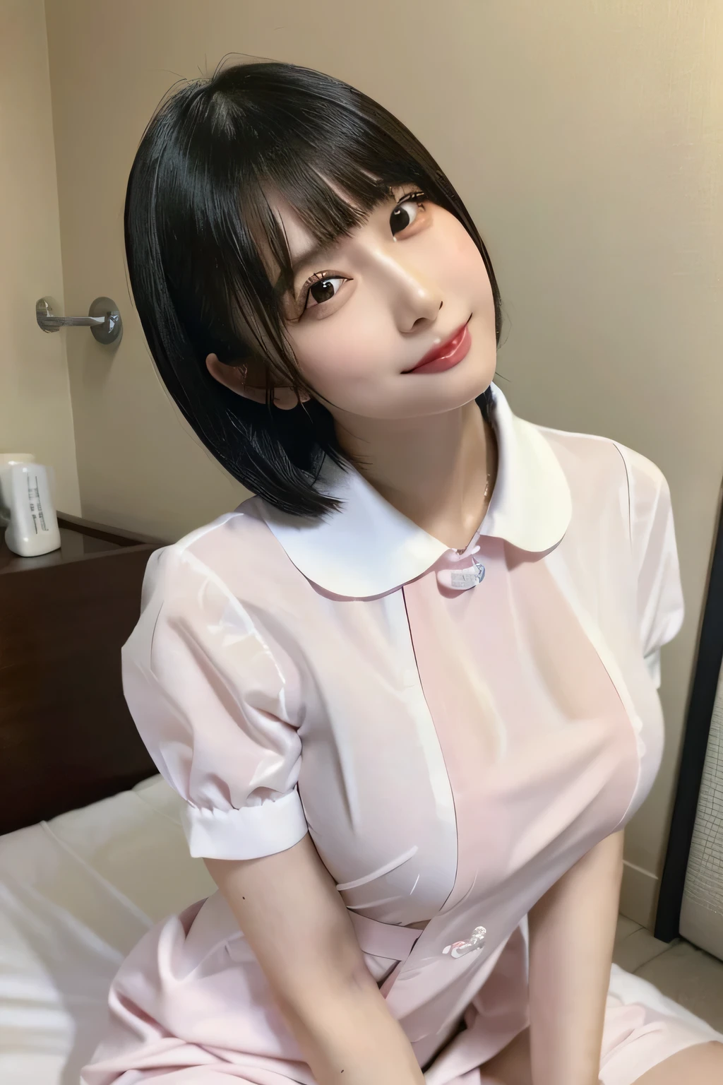 (((Highest quality))),(((Super detailed))),(((masterpiece))),1 Female、Real nurse uniform、Black Hair、Short Hair、Broken Hair、Big Breasts、A beautiful girl、Green Eyes、bedroom、sit、A girl in heat、A girl having dirty thoughts、Nipple erection、A lewd and flirtatious face、blush、girl wanting sex、Naughty smile、Looking up、A soft-looking body at close range