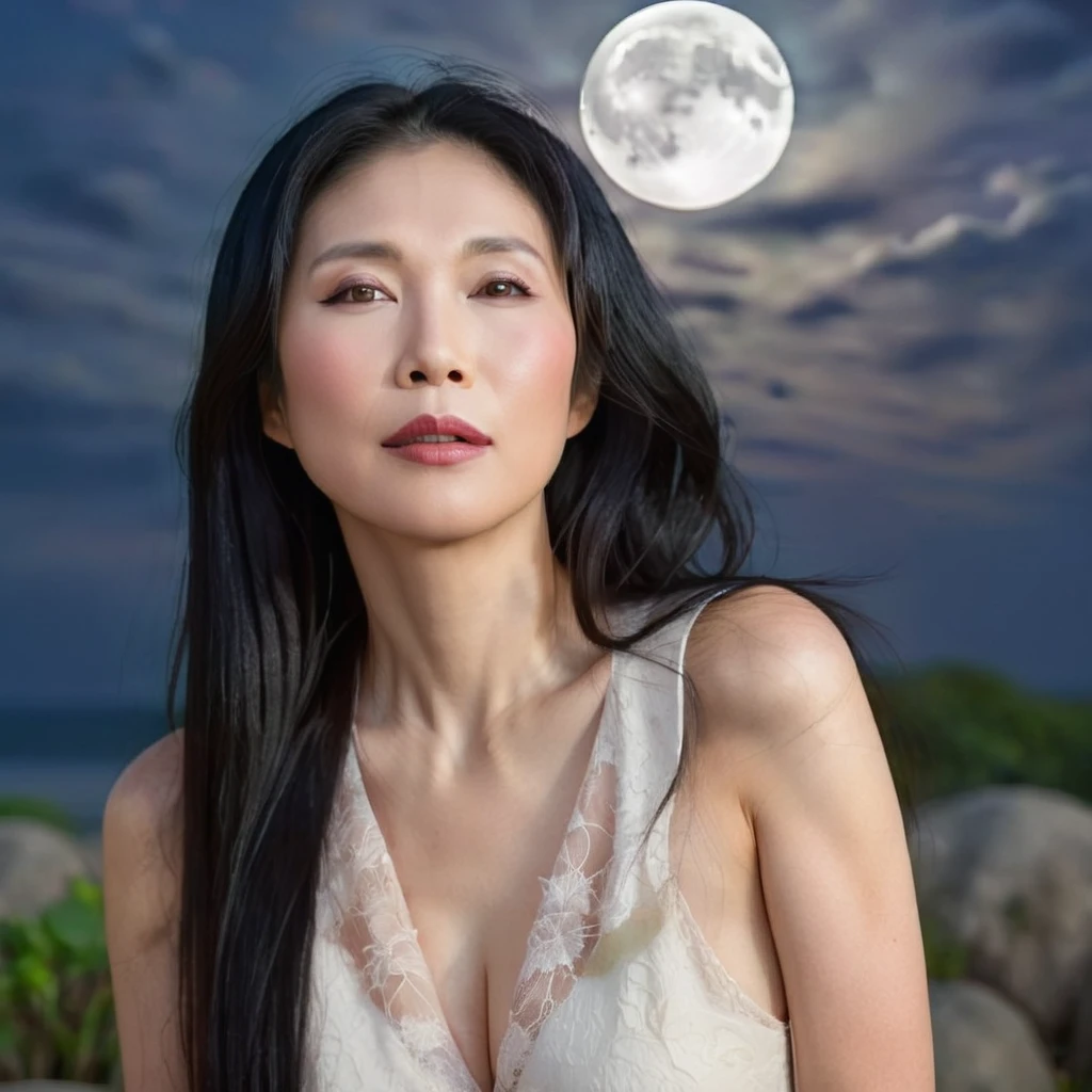 a beautiful middle-aged asian woman, long black hair, detailed face, detailed eyes, detailed lips, serene expression, moon in the background, ethereal, fantasy, oil painting, dramatic lighting, dramatic mood, vivid colors, cinematic, award-winning, masterpiece, best quality, 8k, highres