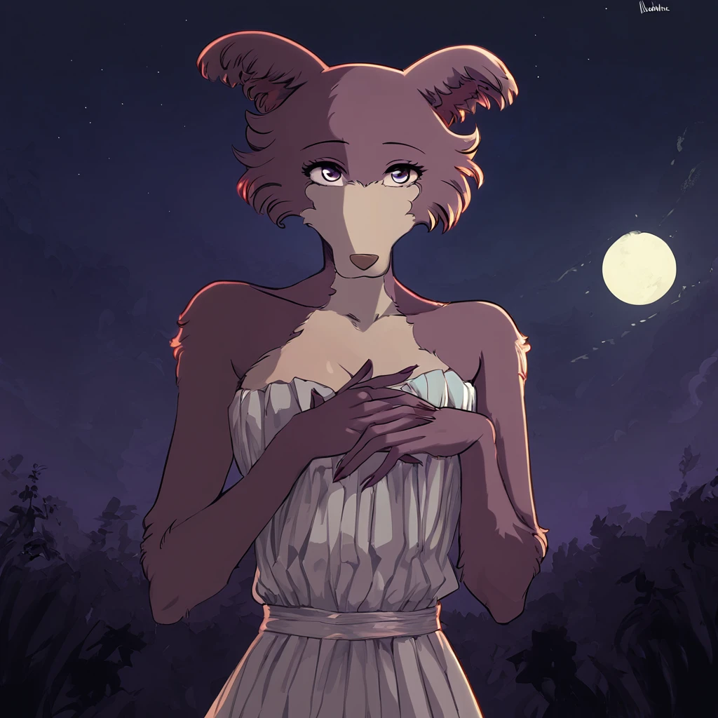 Juno from Beastars super beautiful with both hands on her chest, fully body, anime artstyle, nocturne background