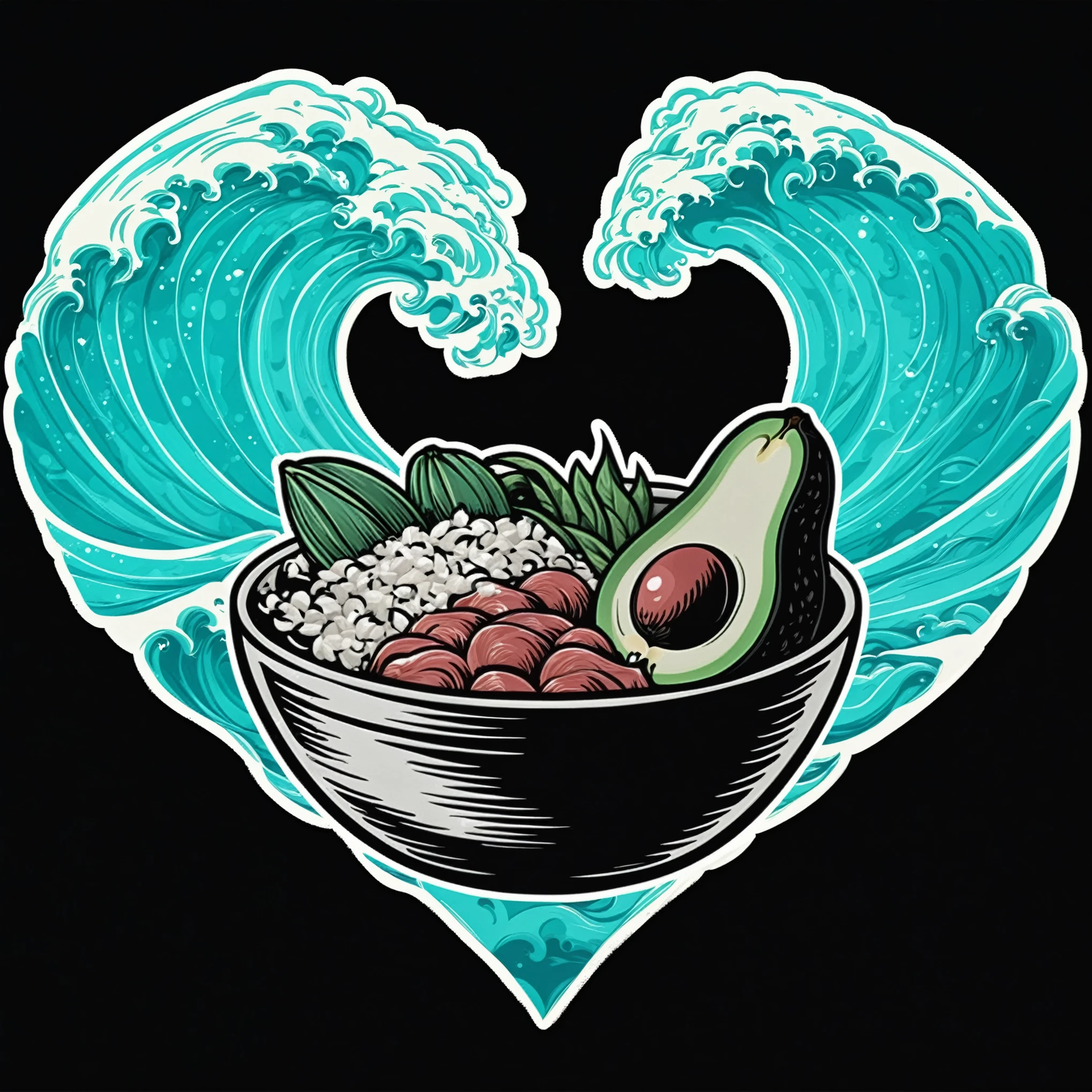 - **Description**: Artistic illustration of a poke bowl with a mix of rice, tuna, vegetables, and half an avocado, set against a backdrop featuring two stylized ocean waves forming a heart shape.

- **Prompt Words**:
  - **Facial Expression**: N/A
  - **Hairstyle**: N/A
  - **Clothing**: N/A
  - **Accessories**: N/A
  - **Pose**: N/A
  - **Gaze**: N/A
  - **Skin Condition**: N/A
  - **Background Environment**: Ocean waves, heart shape
  - **Lighting and Color**: Vibrant colors, shades of turquoise and green, contrasting black background
  - **Context and Atmosphere**: Fresh, natural, artistic, lively
  - **Photography Techniques**: Illustration, digital art
  - **Shooting Equipment**: Digital tools, illustration software

- **Caption**: "Artistic depiction of a poke bowl with fresh ingredients, surrounded by ocean waves forming a heart, symbolizing the blend of nature and culinary delight."