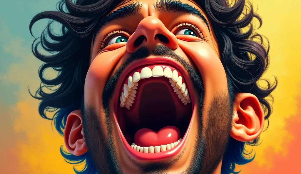 arafed image of a man with long hair and a beard laughing, psychedelic flowing hair, album art, headbanging, rocking out, portrait of crazy post malone, lsd face, screaming into air, dave grohl, screaming in agony, he is screaming, with red haze and a massive grin, brutal joyful face expression, arabian