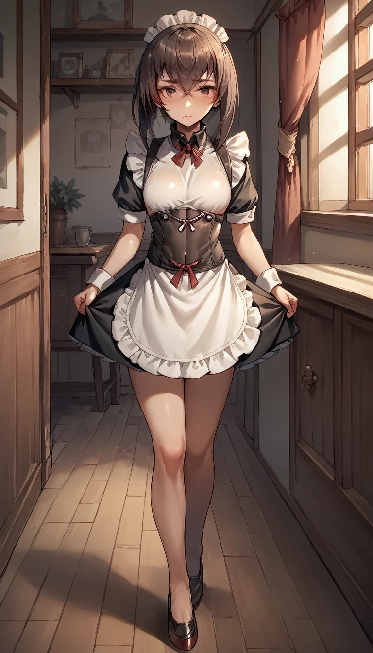 (masterpiece, insanely detailed,best quality, shiny skin), 1girl, kawakami sadayo, twintails, becky, maid, maid headdress,  clothes_lift, lifted_by_self, blush, shy, looking at viewer, foreshortening ,erection, large , glans, testicles, pubic_hair, standing, leaning against wall, from below view, grass, snow, snowing, night