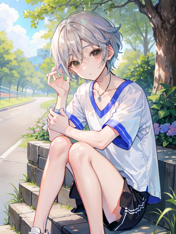 Kimishima Ikuto、Dear You、、Beautiful Boy、boy、Beautiful 、Silver short hair、Hair curled outward、Slanted Eyes、Brown eyes、Tennis Wear、Shorts、knees、Resting in the shade