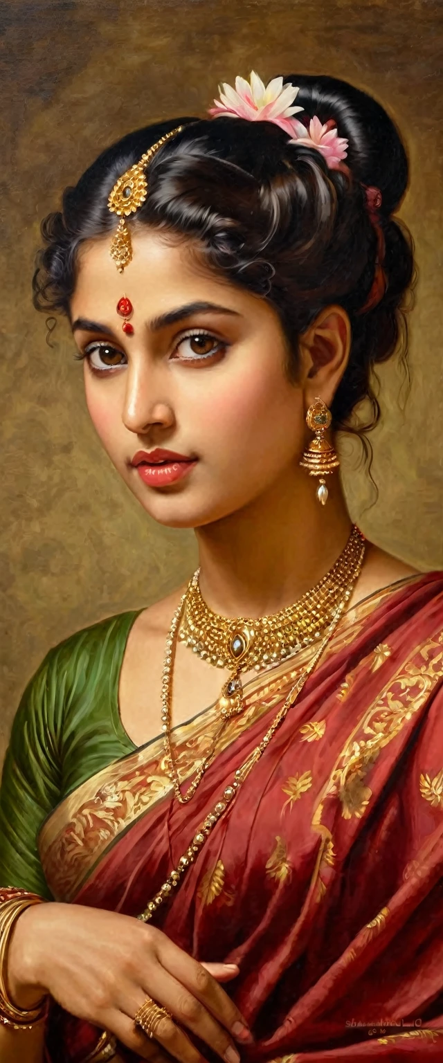 Envision a beautiful Indian woman adorned in a saree, embodying the grace of an Apsara and the dignity of a Maharani. She is a royal queen, a nymph from Hindu mythology, Urvashi, with a beauty that is unparalleled. This vision is captured in a highly detailed oil painting, inspired by the works of Peter Paul Rubens and Raja Ravi Varma. The artwork is realistic, even hyper-realistic, with micro details that create an incredible, intricate, and flawless depiction. The painting, reminiscent of the masterpieces by Rubens, Caravaggio, and William Adolphe Bouguereau, features a perfect face and body, rendered in a style that marries realism with the grandeur of Baroque and Renaissance art. The canvas is alive with highly textured, beautiful, and detailed eyes, offering an ultra-high-definition experience that stands as a testament to matchless beauty and celestial allure.
