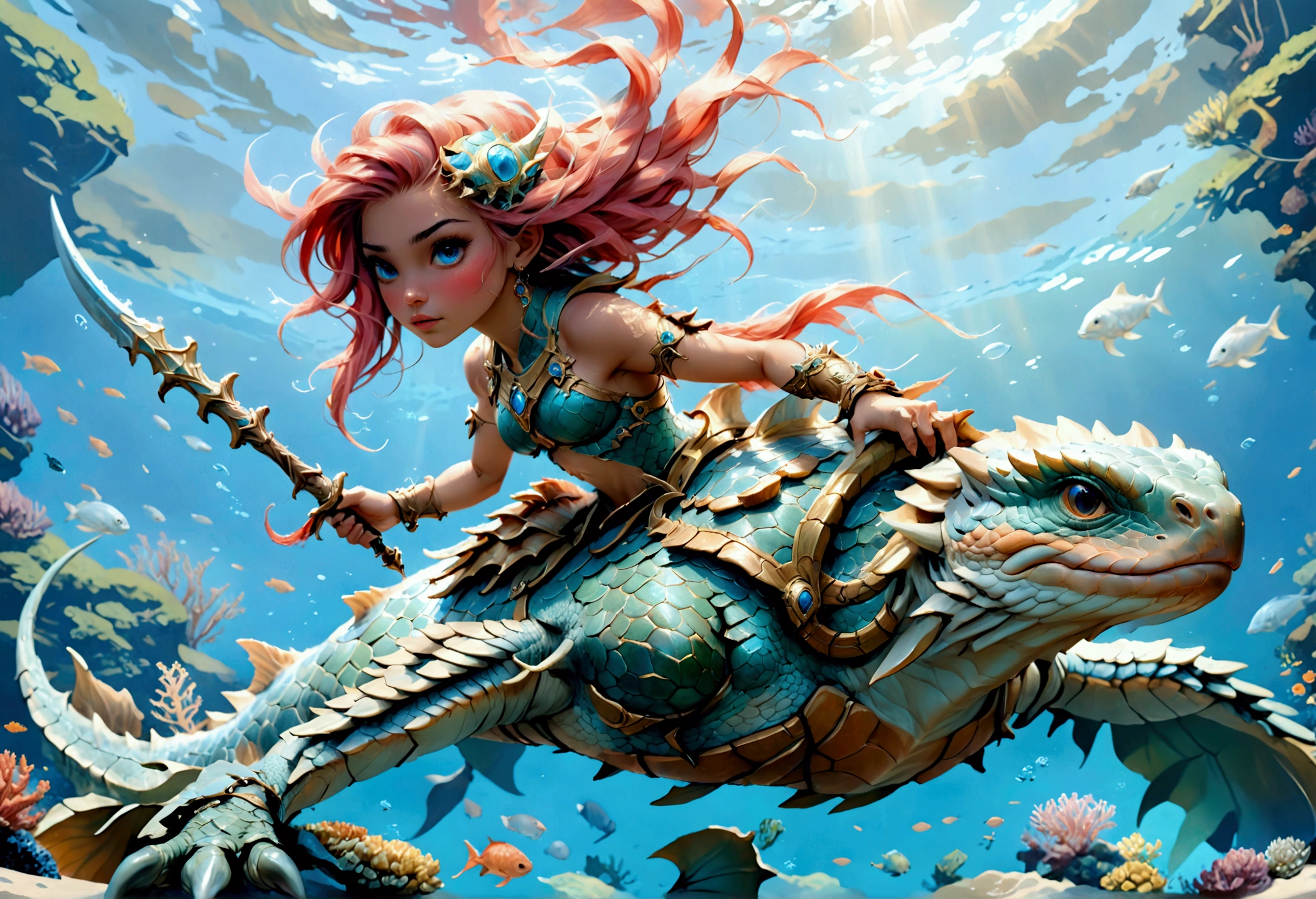 fantasy comic art, RPG art, a picture of a sea elf ranger riding her sea turtle mount under the sea, an exquisite beautiful female elf ultra feminine, knight, (best details, fantasy art, Masterpiece, best quality: 1.4) with a long curvy hair, dynamoc hair color, ((beautiful delicate face)), Ultra Detailed Face (intricate details, fantasy art, Masterpiece, best quality: 1.4) (anatomically correct: 1.5), wearing light armor, armed with a trident, she rides an epic sized turtle (intricate details, fantasy art, Masterpiece, best quality: 1.4) underwater background, fantasy sea, underwater light, ((natural sea life elements)) sun rays, dynamic atmosphere, soft light, dynamic light, high details, best quality, 16k, [ultra detailed], masterpiece, best quality, (extremely detailed), ultra wide angle), art by mooncryptowow, fmb