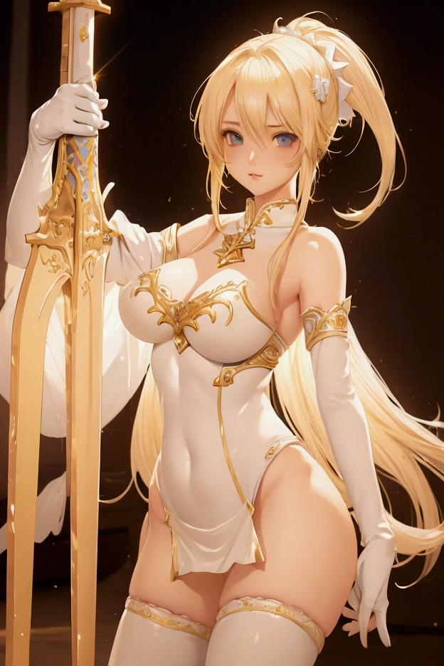 woman, 20's, beautiful, hero, blond hair, golden eyes, bangs, long hair, chlotes, had silver sword, medium breast, sexy, overly voloptuos body, nude, naked, nipple, legs, open legs, thick legs