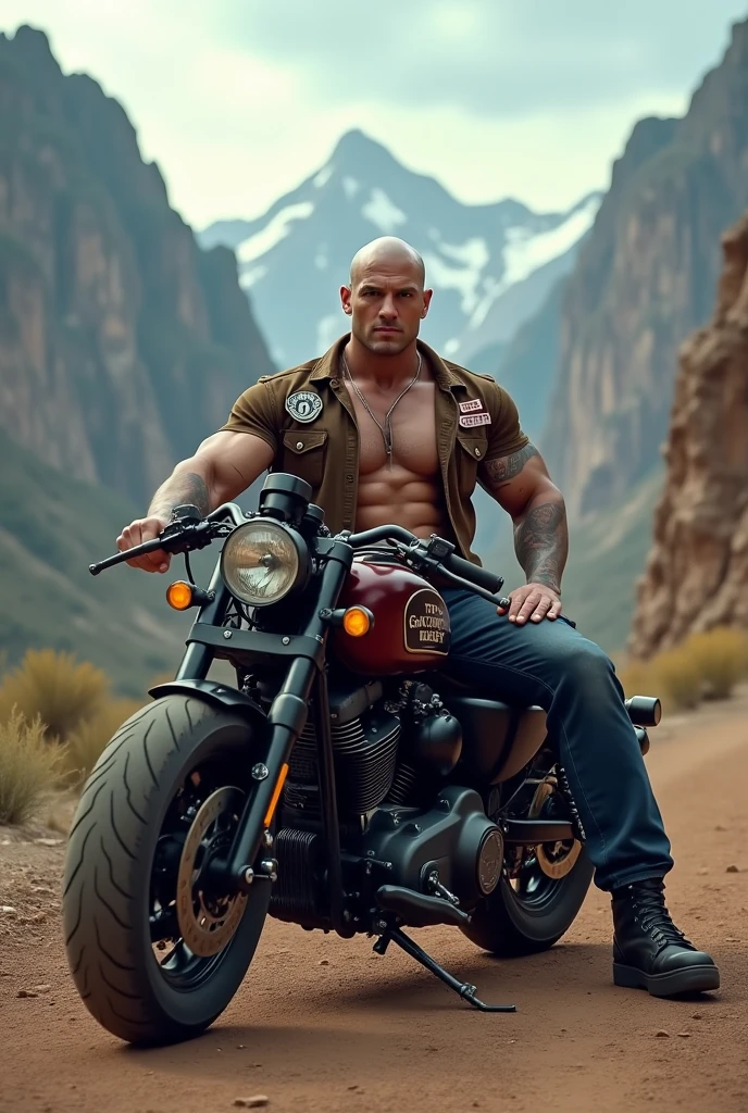 Big giant body builder bald  men wearing unbuttoned stylish leather jacket with logos in mountain area