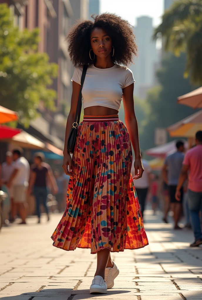 A curvaceous Black woman dressed in a sleek, form-fitting pleated midi skirt with a bold geometric pattern, paired with a fitted, cropped tee. She finishes the look with slip-on sneakers and a shoulder bag. Her hair is styled in loose, natural curls. The backdrop is an urban park with street performers and local vendors.