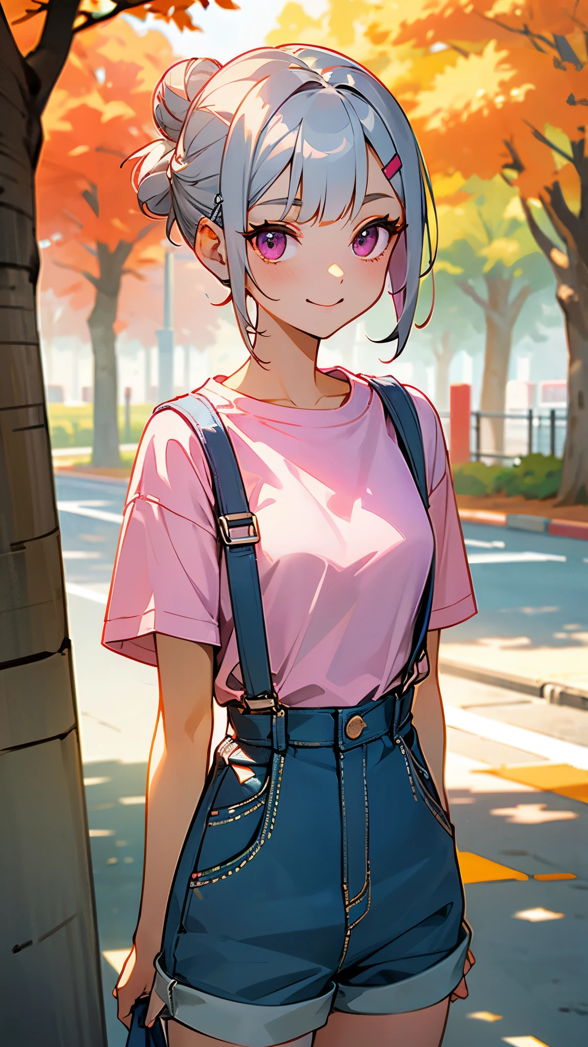 High school girls、Short silver bob hair tied in a bun with a hair clip, Pink Eyes、White T-shirt、 Overalls、Shorts、smile、Side body、Street trees in autumn