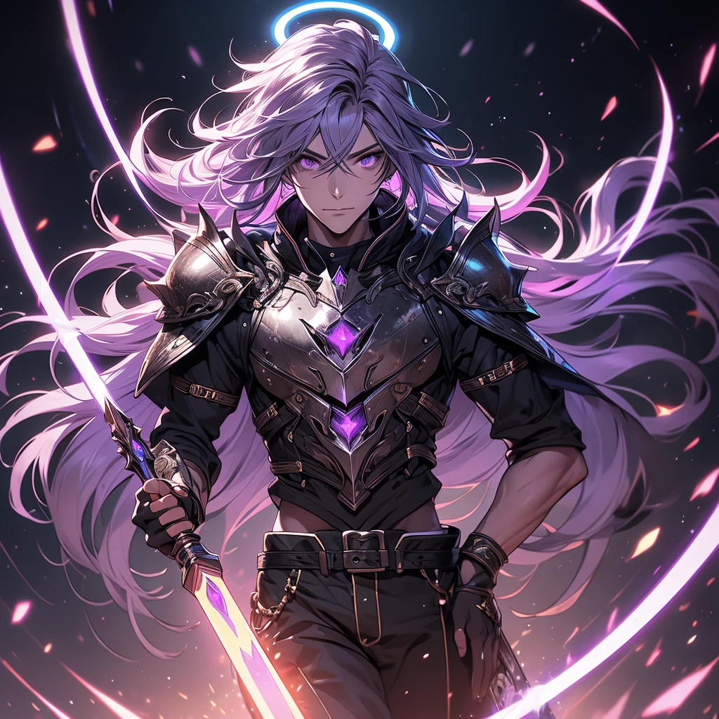 ((masterpiece)), (best quality), (ultra-detailed), (best illustration), (best illumination), photorealistic, 1boy, solo, long hair, lilac hair, lilac eyes, black armor, lilac armor, multicolored armor, hammer hero, crazy, metal halo behind, dark aura, obsession, glowing pupils, full body, floating in air, ruins scenery, dark sky, maniac smile, tiny pupils, black sclera. 