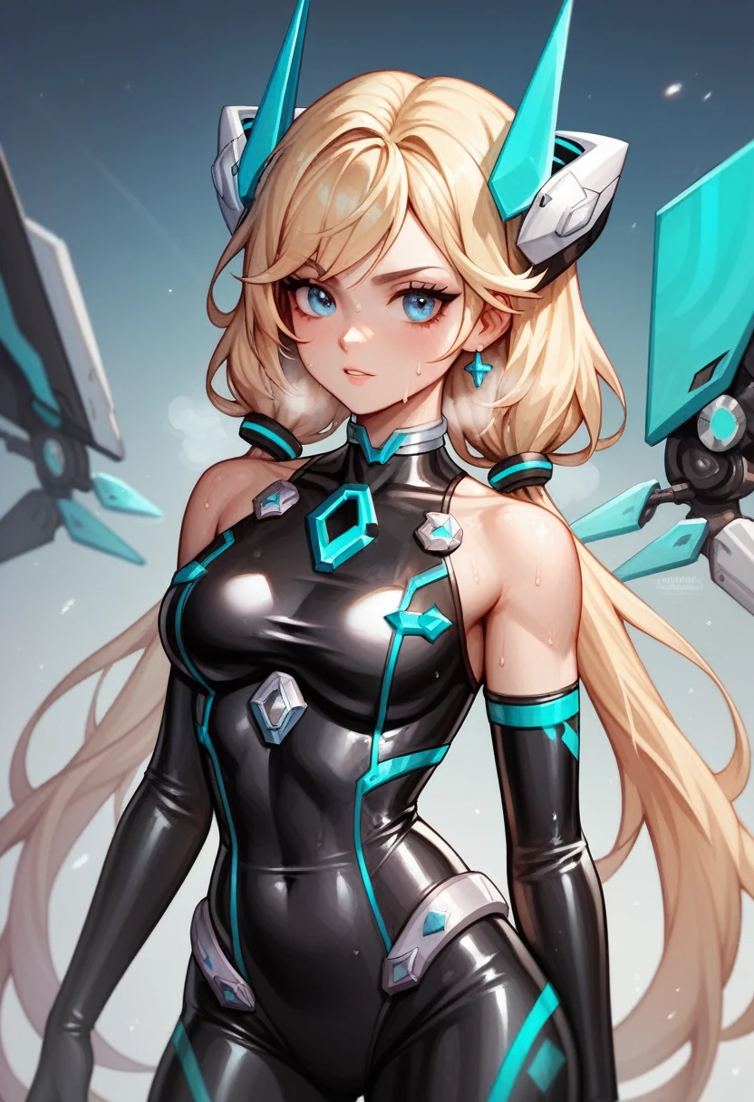 (masterpiece, Highest quality, Ultra-high resolution), 1girl, expelled from paradise, angelabalzac, blonde hair, blue eyes, deva battle suit, elbow gloves, headgear, long hair, low twintails, (latex bodysuit), cyber pattern on suit, The clothes fit perfectly, latex has a strong metallic sheen, Glossiness, shiny, whole body slimy, Sweat, Stuffy, steamy, 