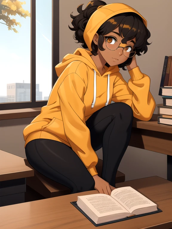 Masterpiece, 1girl, solo, 20 year old college student, she has brown skin with some freckles, short curly black hair with orange streaks, amber colored eyes, (she's wearing a yellow hoodie, tight black leggings, reading glasses),
