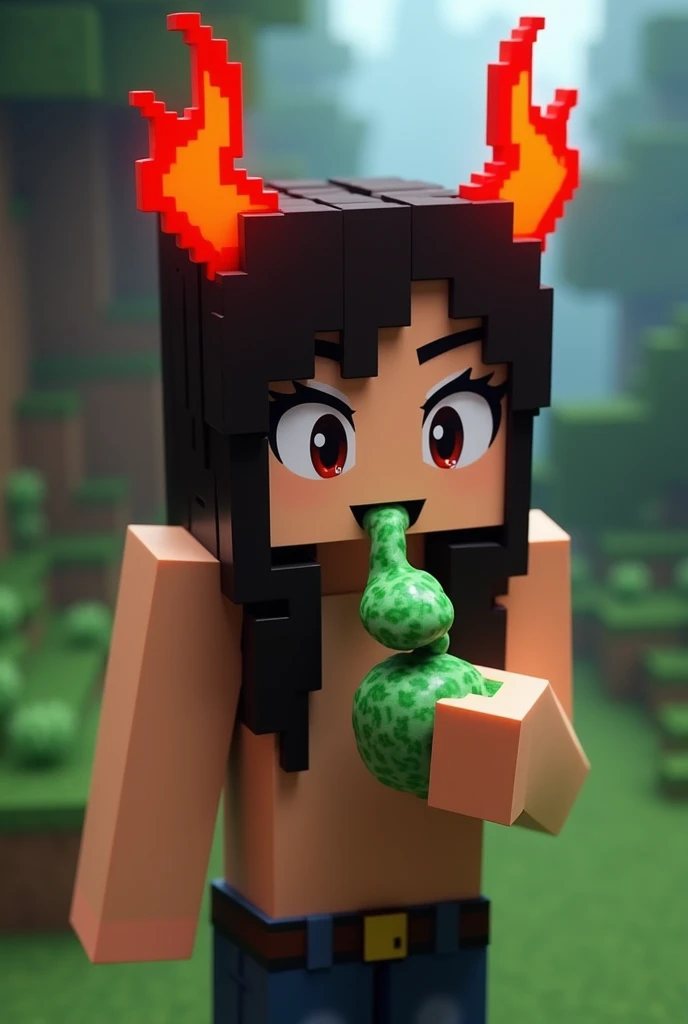 Minecraft creeperwoman with black eye Green half black body blushing and show butt left side view