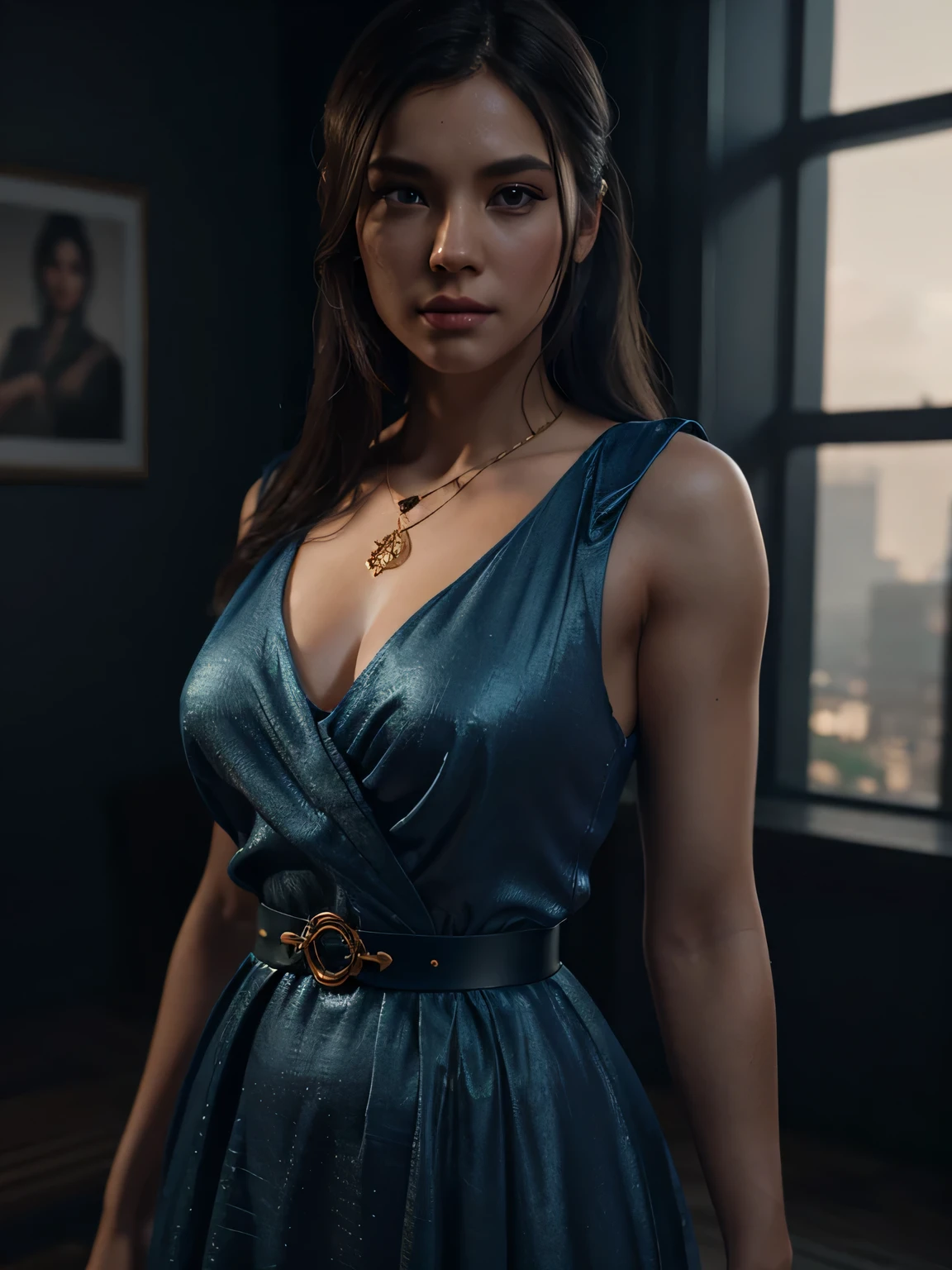 a woman in a blue (semi transparent) dress with a gold belt and a necklace, black underwear, 3d render character art, 8k, trending on cgstation, inspired by Lan Ying, 8k artgerm bokeh, 8k high quality detailed art, deviantart artstation cgscosiety, cgsociety 8k, cgsociety 8k, beautiful detailed eyes, beautiful detailed lips, extremely detailed eyes and face, long eyelashes, hyper realistic, cinematic lighting, award winning, octane render, cinematic atmosphere, volumetric lighting, photorealistic, highly detailed, masterpiece, 8k, ultra detailed, sharp focus
