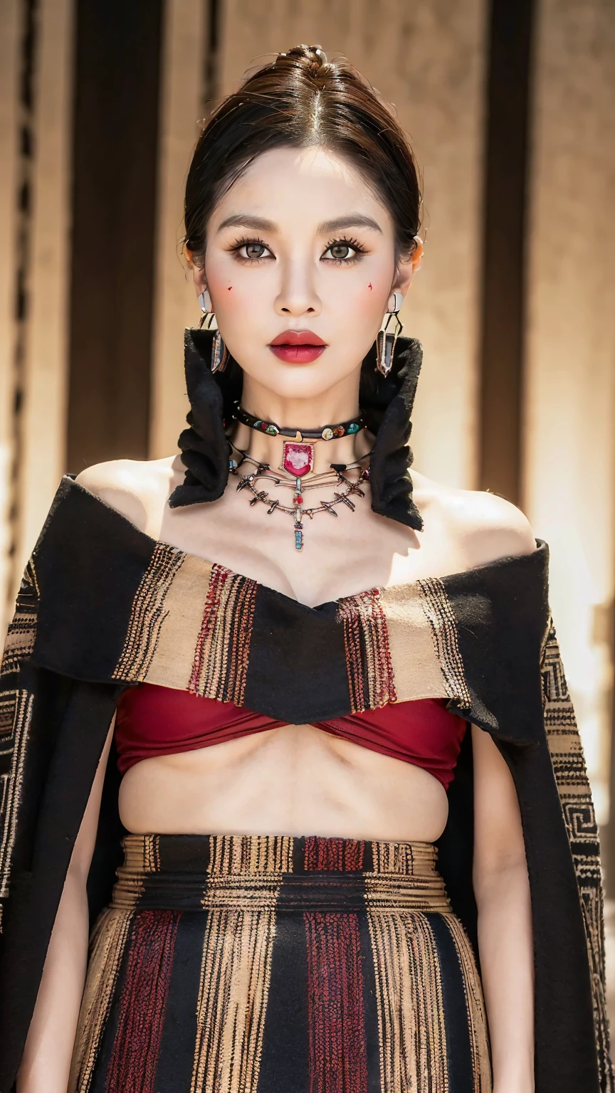 ((Realistic lighting, Masterpiece: 1.3), (raw photo:1.2), Best quality, 8K), Hyperrealist portrait gorgeous Beautiful tribal Chinese tribal woman, mature woman, 50 years old, Milf, beautiful serious face, wrinkled face, beautiful detailed charming eyes, (pretty natural breasts: 1.1), ((tribal black strapless top: 1.1), (sexy tribal black skirt), (tribal black Hooded Cloak Coat: 1.2), (tribal hijab: 1.2)), tribal loincloth, (tribal jewelry, tribal necklace), tribal Palace background, legendary style, epic style, full body, (standing pose: 1.2, tribal Palace background), professional photography, font view, very detailed faces, (garnet red lips, subtle makeup: 1.3), colorful style