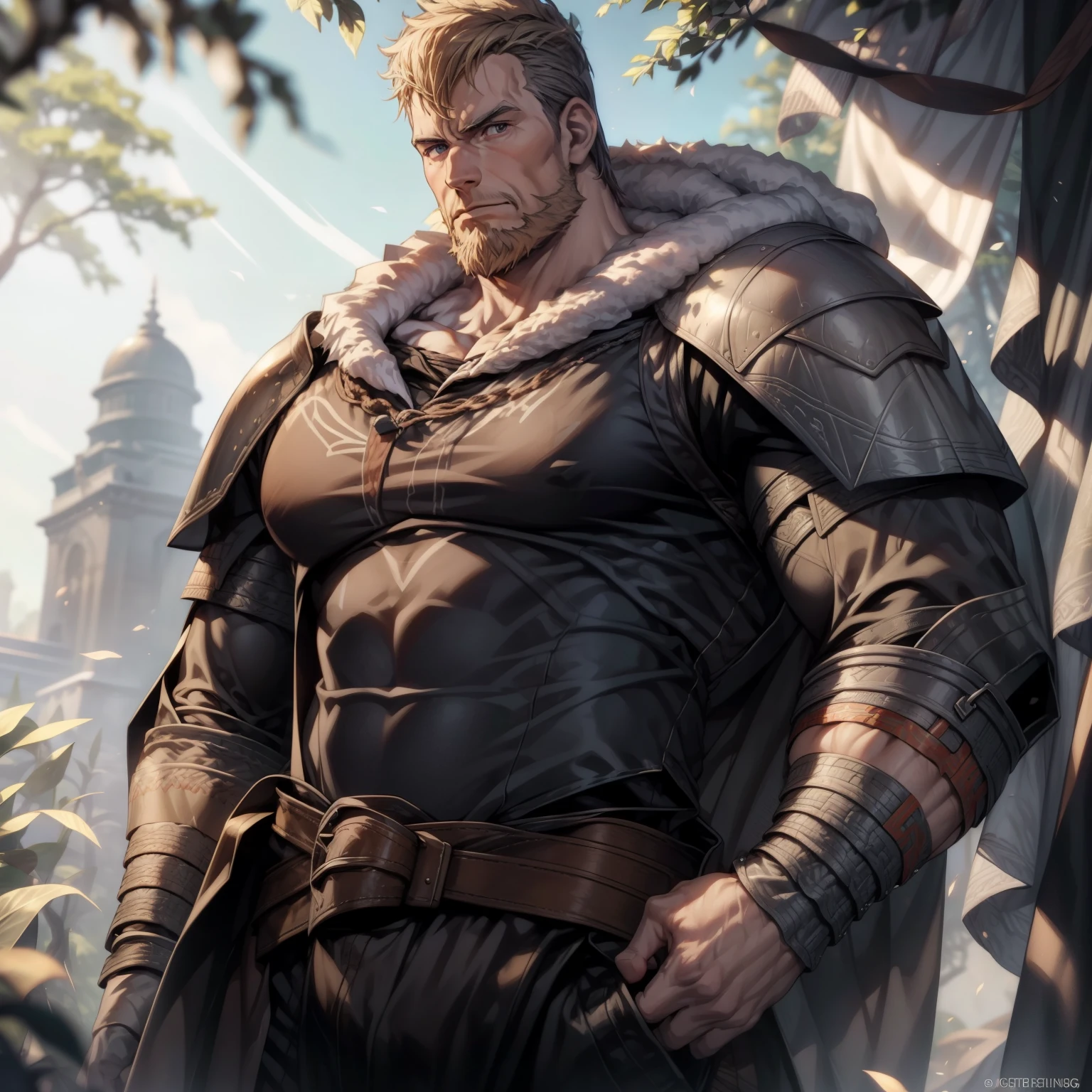 A monarch in a frozen forest, Alpha male, he is lost with huge goblins, chubby muscle, very detail face, detail eyes, imposing lord, wearing a lingirie vulgar apertada, no pants, very detail clothes, clothing transparent, clothing with a low neckline on the chest, a detailed belt at her waist, muscular chest, very prominent pectoral, gazing at viewer, imponent pose, bright purple eyes, short whitish hair, your hair is combed to the side, beard that makes the face look square, he's serious, Wonderful highly detailed masterpiece, beautiful cinematic light deep focus, chic, digitalpainting, smooth ass, sharp focus, golden ratio, dramatic lighting, 8k, pixiv, only