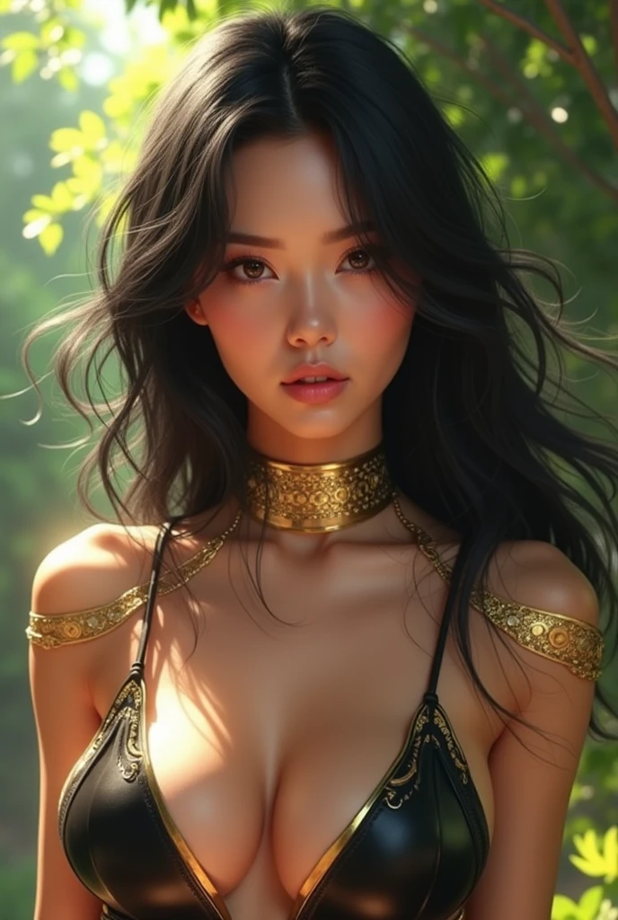 She stood atop a jagged cliff. She saw the pure power and existence of the king. Her muscular frame had been through countless battles. Glowing under the midday sun Highlighting the intricate tribal tattoos woven into her bronze skin. Wear sturdy furs and shiny armor to battle. She reveals both strength and fierce grace. Her silky, flowing hair was like a mane of untamed fire. It adorns a face characterized by both beauty and the harsh lines of a warrior's life on the one hand. She grabbed a gigantic blood-stained battle ax. Its blade was engraved with her ancestor's runes. Every move she makes is a testament to her grace and unwavering spirit, medium long shot