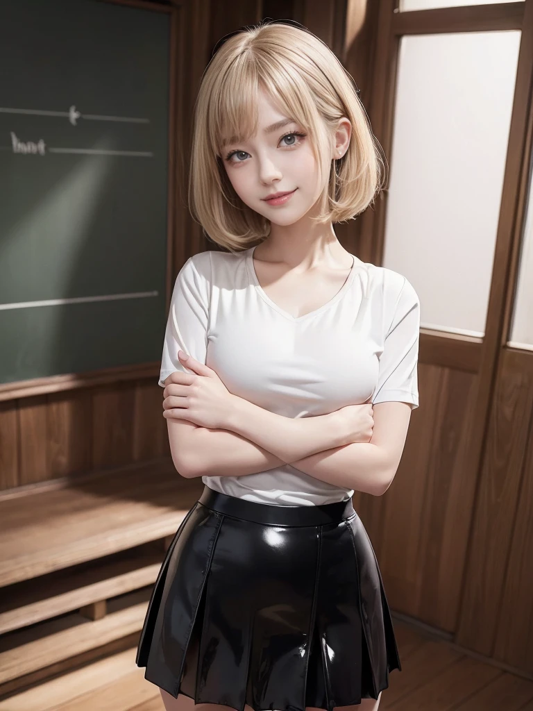 ((masterpiece:1.2、Highest quality、Tmasterpiece))、1 female、alone、classroom、Day、(Korean Idol:1.2)、(Are standing:1.4)、blonde、(Hime Hair:1.4)、Wavy Hair、Medium Hair、Beautiful feet、break、((T-Shirts、skirt、university student:1.4))、(Beautiful white skin:1.4)、(Big Breasts:1.5)、(black tights)、Hoop Earrings、lipstick、Ring Choker、blush、smile、Covered breasts、(Thick lips:1.2)、Detailed body、Very detailed絵画, Luminism、4K resolution、3D Rendering、Exquisitely crafted , Cinematic、Realistic、Hit definition、Abstract Beauty、Approaching perfection, Pure Form, Golden Ratio、Very detailed, Digital photography, Soft natural light, 50mm lens, F1.8 Vacancies、blush、Small face、(Tight waist:1.3),(albino:1.3),(anorexia:1.3),(Sickly:1.2),(Face close-up:1.4),(Short Bob:1.2),(Date:1.2)、smile,(skirtを捲ってパンツを見せてくれる:1.3)