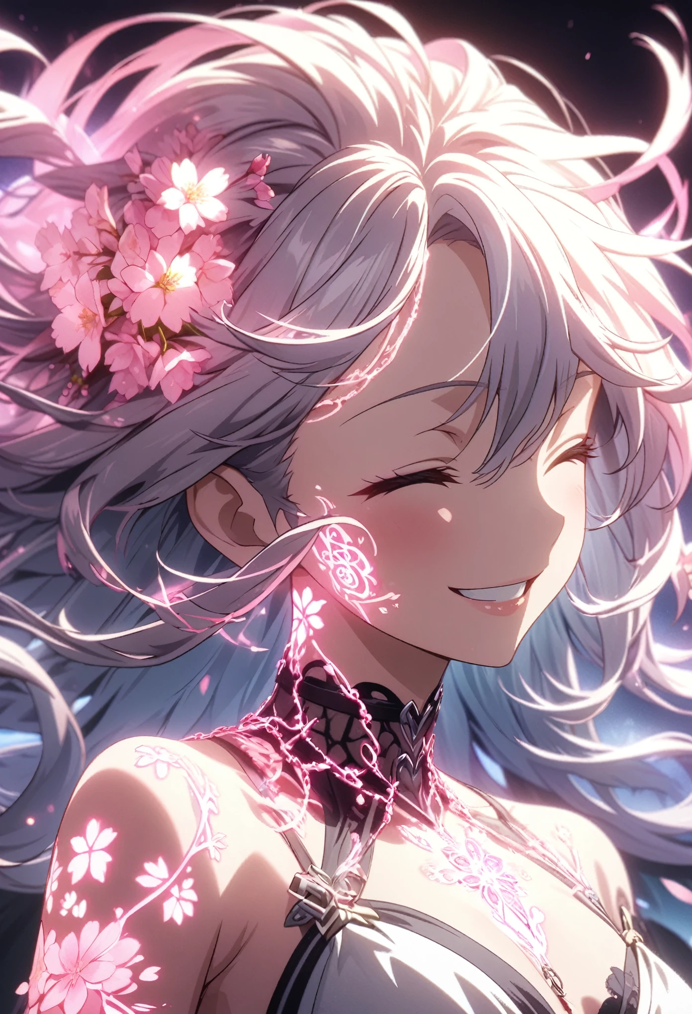 Masterpiece, highest quality, highly detailed CG Unity 8k wallpaper, anime screenshots, female character with neon chains. Art of a female anime character with a glowing neon flower tattoo and spiral chains inside her body. This scene with flowing hair has a nice soft focus effect, highlighting the magical glow of the tattoo. I'm smiling with my eyes closed and my mouth open. The background is neon-lit cherry blossoms at night. depth of field