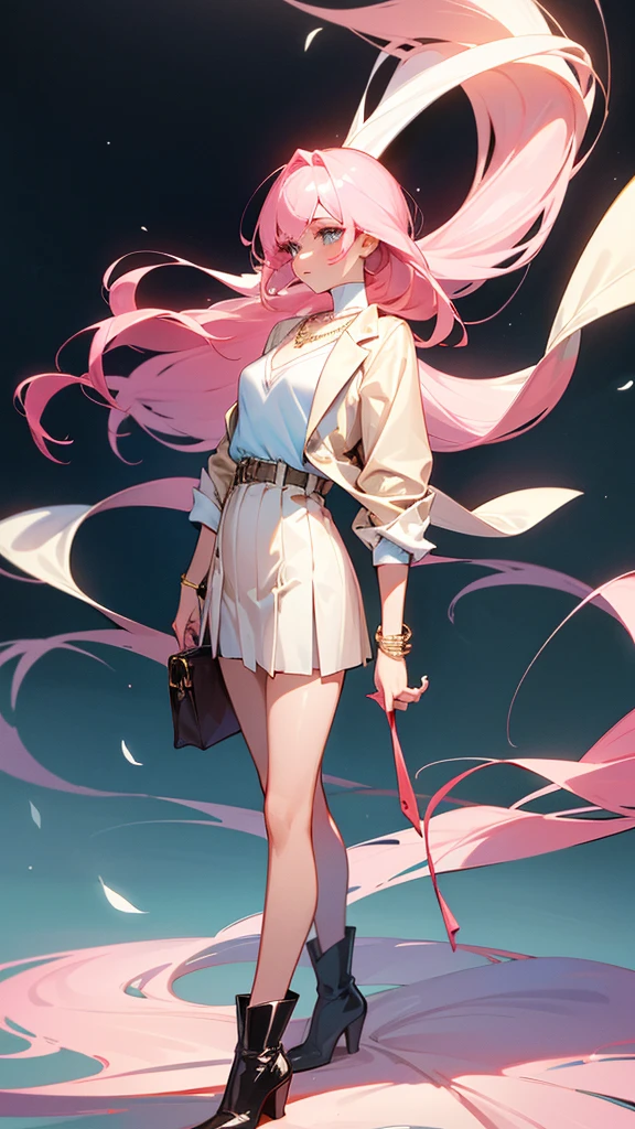 One girl, Pink Hair, Medium Hair, The tips of the hair are wavy,smile, Yellow-green eyes,Skinny jeans,White blouse,Red ribbon at neck,Pink outerwear,Full body portrait