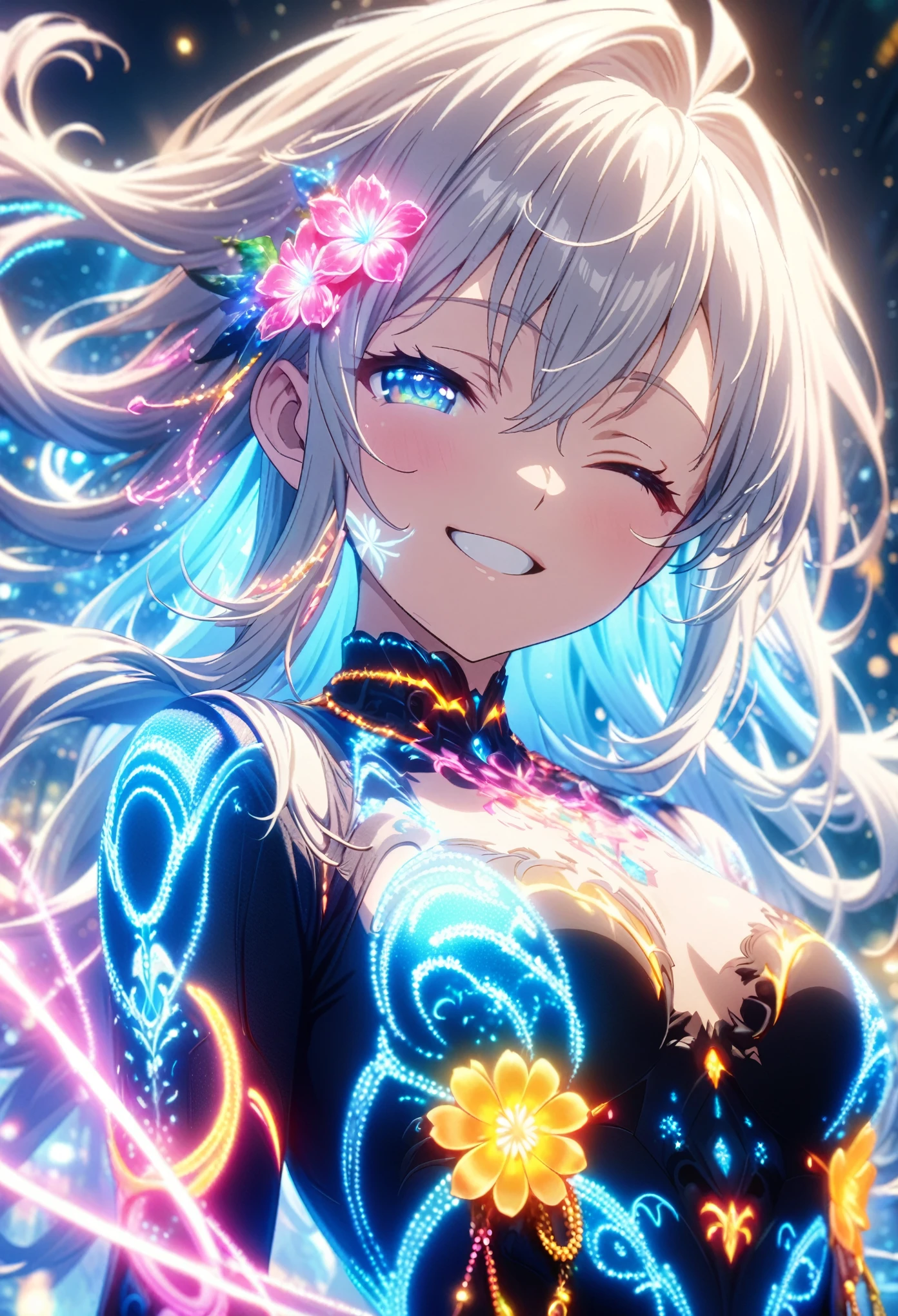 Masterpiece, highest quality, highly detailed CG Unity 8k wallpaper, anime screenshots, female anime character with neon chain. Art of a female anime character with a glowing neon flower tattoo and spiral chains all over her body. This scene with flowing hair has a nice soft focus effect, highlighting the magical glow of the tattoo. He is smiling with his eyes closed and his mouth open. Bokeh photography, (soft focus): 1.2, out of focus highlights, dreamy atmosphere, glowing circles, mesmerizing depth, depth of field