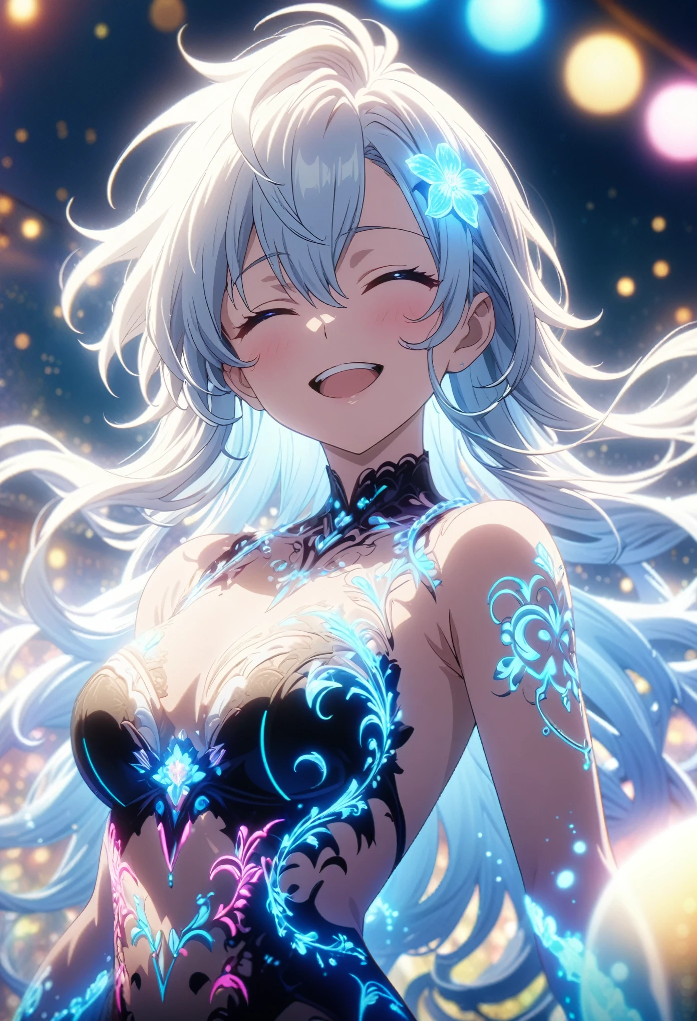 Masterpiece, highest quality, highly detailed CG Unity 8k wallpaper, anime screenshots, female anime character with neon chain. Art of a female anime character with a glowing neon flower tattoo and spiral chains all over her body. This scene with flowing hair has a nice soft focus effect, highlighting the magical glow of the tattoo. He is smiling with his eyes closed and his mouth open. Bokeh photography, (soft focus): 1.2, out of focus highlights, dreamy atmosphere, glowing circles, mesmerizing depth, depth of field