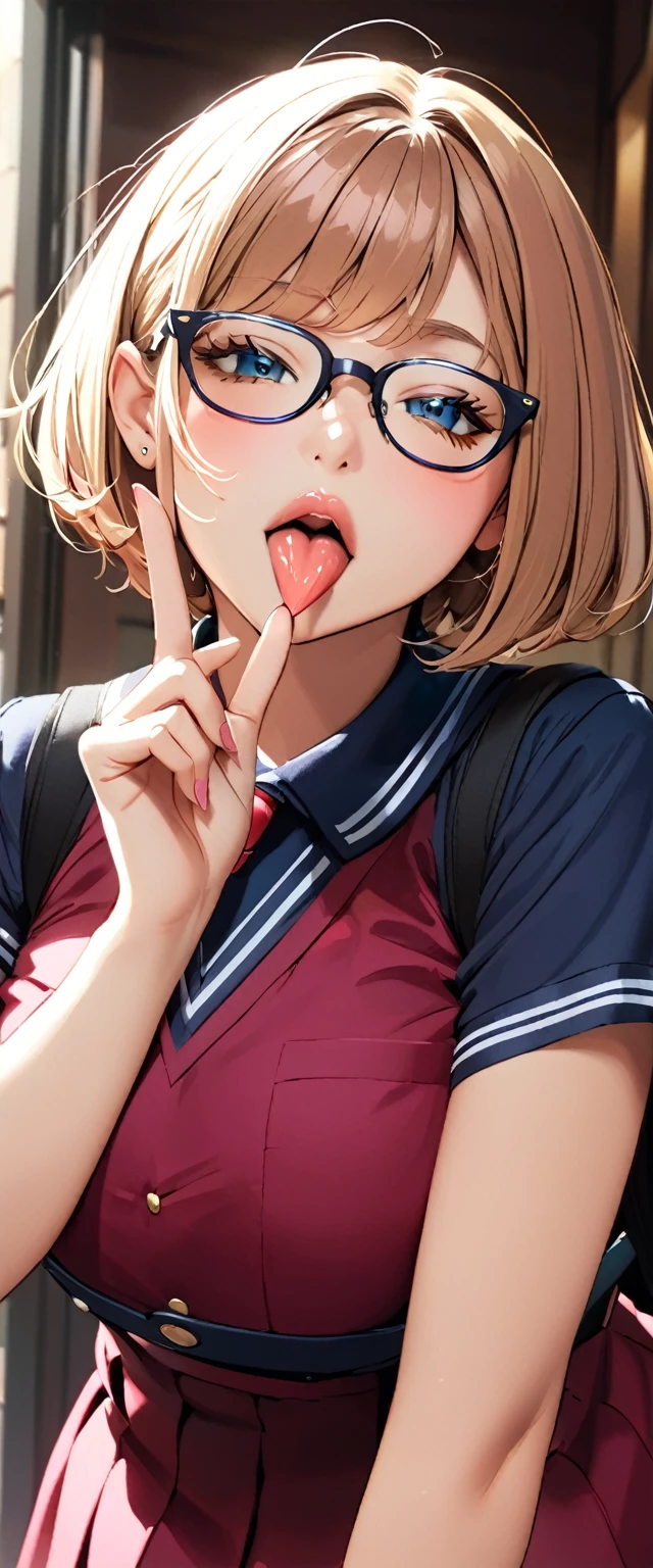 A young, short-haired, dark-skinned, flashy gal college student wearing glasses sticks out her tongue and makes a blowjob gesture